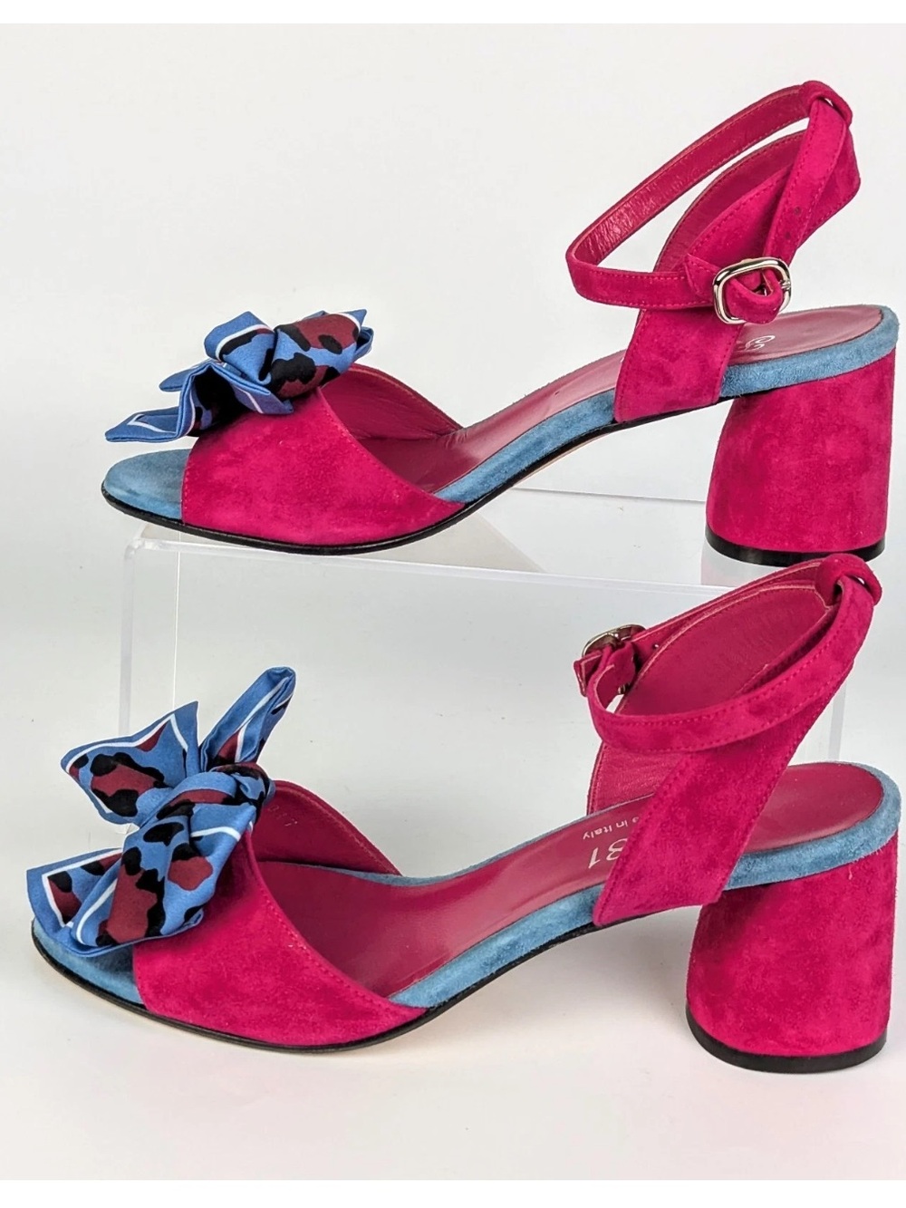 Ferca 81 fuchsia leather suede blue bow sandal 39 8.5 Italy